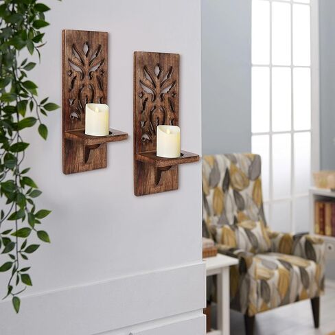 Wood Wall Candle Scones Set of 2, Wall Scones Candle Holder, Wood Candle Holder, Candle Holder for Christmas Decoration, Pillar Candle Sconce, Wall Décor for Living Room Bedroom-16 Inch Burnt in Kuwait