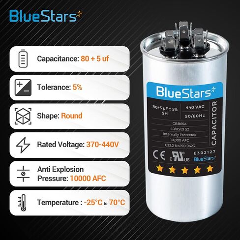 مكيف هواء BlueStars فائق التحمل 80+5 فائق التوهج ± 5% MFD 370 أو 440 فولت مكثف مستدير مزدوج التشغيل TP-CAP-80/5/440R مكيف هواء مستقيم بارد ومضخة حرارية in Kuwait