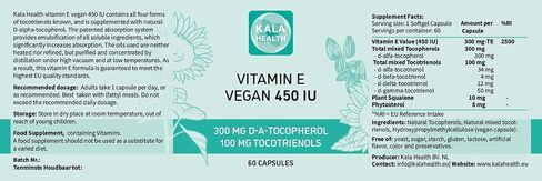 كالا هيلث فيتامين هـ 450 وحدة دولية 400 ملغ توكوفيرول + توكوترينول فيتامين هـ نباتي - ألفا توكوفيرول + جميع التوكوترينول الأربعة - ألفا توكوترينول + بيتا توكوترينول + دلتا توكوترينول وغاما توكوترينول in Kuwait