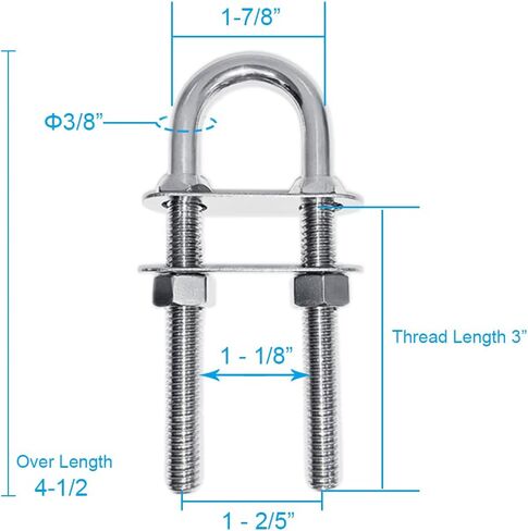 Boat U Bolt Stern Bow Eye Tie Down, Marine Stainless Steel with Hex Nuts and Washers, 4-1/2 in Overall Length, 3/8 in Stock, 3 in Thread Length (1 PCS) in Kuwait
