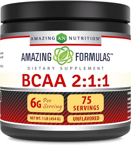 Amazing Formulas BCAA 2:1:1 Powder | 75 Servings | 6 Grams Per Serving | 1 Lb Unflavored Supplement | Made in USA in Saudi Arabia