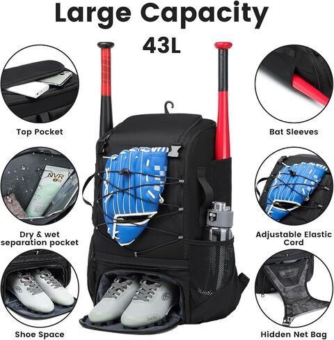 Baseball Batting Bag with Helmet and Glove Compartments, Black, by Badger Gear in Kuwait