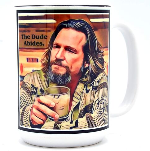 EXIT82ART. Large 15 oz. Ceramic Mug Tea Cup. THE DUDE ABIDES, LEBOWSKI. Microwave/Dishwasher Safe. Designed & Printed in Austin, Texas. in Saudi Arabia