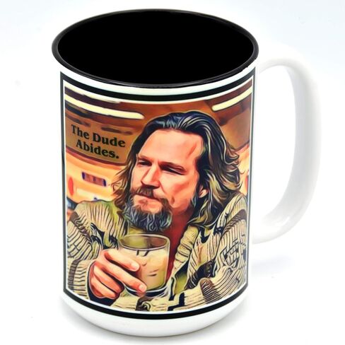 EXIT82ART. Large 15 oz. Ceramic Mug Tea Cup. THE DUDE ABIDES, LEBOWSKI. Microwave/Dishwasher Safe. Designed & Printed in Austin, Texas. in Saudi Arabia