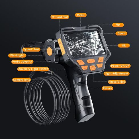 كاميرا منظار 1080 بكسل ثنائية الاتجاه مع ضوء، مقاومة للماء IP68، شاشة IPS 4.5 بوصة، مسبار 8 مم، شبه صلب 3FT، كابل لمحرك ماكينات السيارات in Kuwait