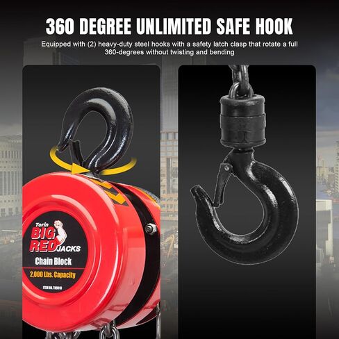 BIG RED Hand Chain Hoist 1 Ton 2000 Lbs Capacity 8ft/2.5m Torin Manual Chain Fall with 2 Heavy Duty Hooks, for Warehouse Automotive Machinery, Red, ATR9010R in Saudi Arabia