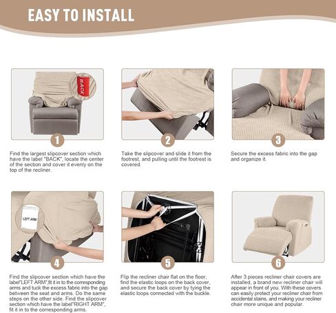 KinCam Recliner Covers, Stretch Reclining Chair Covers, Recliner Sofa Slipcovers Stripe Jacquard Recliner Couch Covers Furniture Protector Covers for Pet Kid (1 Seater, Vanilla) in Saudi Arabia