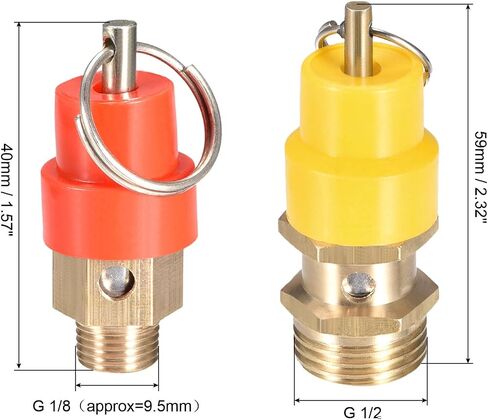 MECCANIXITY Air Compressor Pressure Safety Valve Yellow G 1/2 Male Threaded 115 PSI and Red G 1/8 Male Threaded 115 PSI Brass Safety Valve for Air Compressors in Saudi Arabia