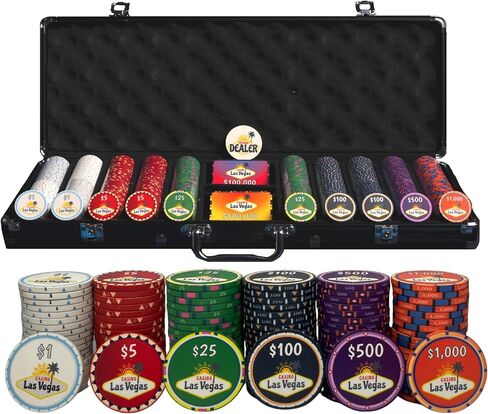Vegas Chip Ceramic Poker Chip Set for Texas Hold'em - 500-Piece Poker Ceramic Kit, 10-Gram Poker Chips, Durable & Long-Lasting Numbered Casino Chips - Includes Black Aluminum Case in Saudi Arabia