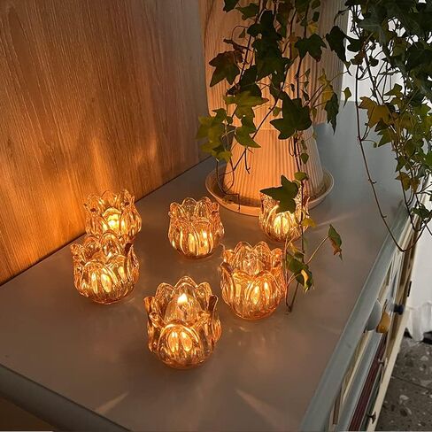 مجموعة حامل شموع نذرية من زجاج توليب مكونة من 12، شمعدان لعيد الحب، والذكرى السنوية، وطاولة غرفة الطعام، وحفلات الزفاف، والحفلات، وهدية عيد ميلاد لديكور المنزل للأم (العنبر) (12 قطعة) in Kuwait