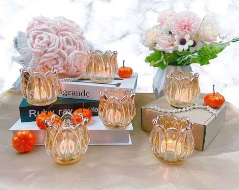 مجموعة حامل شموع نذرية من زجاج توليب مكونة من 12، شمعدان لعيد الحب، والذكرى السنوية، وطاولة غرفة الطعام، وحفلات الزفاف، والحفلات، وهدية عيد ميلاد لديكور المنزل للأم (العنبر) (12 قطعة) in Kuwait