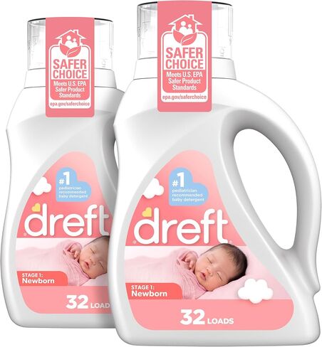 Dreft Newborn Baby Liquid Laundry Detergent, Gentle on Sensitive Skin, HE Compatible, 2 pack, 32 loads each in Saudi Arabia