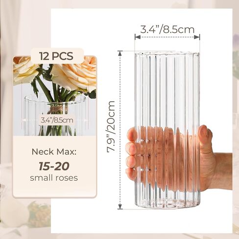ComSaf Glass Cylinder Vases, Bud Vase for Centerpieces, 8 Inch Tall Ribbed Vase Hurricane Floating Candle Holder, Decorative Flower Vases for Wedding Reception, Home Decor, Housewarming Gift (Clear) in Saudi Arabia