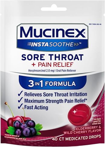Mucinex Instasoothe Sore Throat Relief, Sore Throat Lozenges, Sore Throat Medicine with Hexylresorcinol, Cough Drops Alternative, 40 Elderberry & Wild Cherry Medicated Numbing Throat Drops in Saudi Arabia