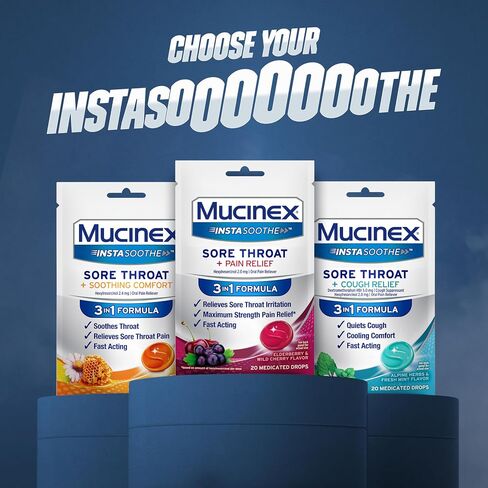 Mucinex Instasoothe Sore Throat Relief, Sore Throat Lozenges, Sore Throat Medicine with Hexylresorcinol, Cough Drops Alternative, 40 Elderberry & Wild Cherry Medicated Numbing Throat Drops in Saudi Arabia