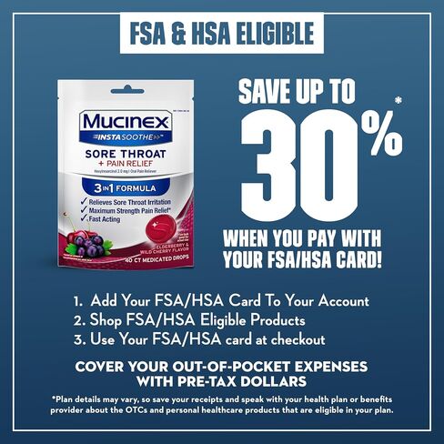 Mucinex Instasoothe Sore Throat Relief, Sore Throat Lozenges, Sore Throat Medicine with Hexylresorcinol, Cough Drops Alternative, 40 Elderberry & Wild Cherry Medicated Numbing Throat Drops in Saudi Arabia