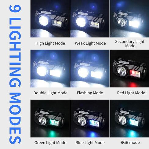 LED Rechargeable Headlamp, 9 Lighting Modes, Motion Sensor, RGB/white light/SOS flashing LED Headlamp for Outdoor Camping, Running, Cycling, Climbing, Fishing, Hiking, Repairing, headlamp rechargeable in Saudi Arabia