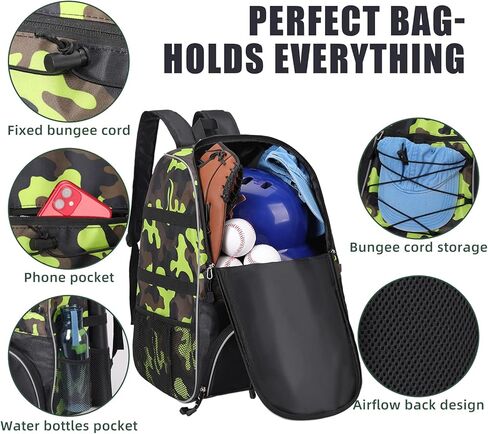 Baseball Bag, Softball Bag with Shoes Compartment Bat Backpack for Baseball, T-Ball Bat, Glove Holder, Helmet, Caps, Teeball Equipment Gear in Kuwait