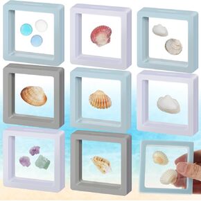 Juexica 9 Pcs Seashell Holder 3D Floating Display Box 2.7 x 2.7 Inches Transparent Display Shelf Cases for Sea Shell Collectibles, Crystal Rock, Diamonds, Jewelry, Badges Decoration(Multicolor)