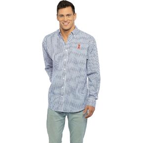 Men's Collegiate Easy-Care Long Sleeve Gingham Check Button Down Shirt, Illinois Illini, Navy, X-Large