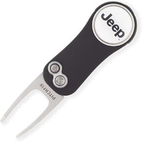 Jeep Pitchfix Hybrid 2.0 Golf Divot Tool with Integrated Pencil Sharpener and Protective Dome Logo, Aluminum and Rubber Construction, Gift Box Included