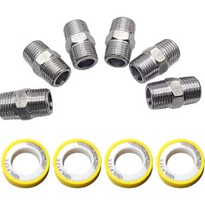 6PCS external thread hexagonal direct head pipe fittings adapter and other threaded fittings, 304 stainless steel 1/2" male -1/2" male pipe fittings, including 4PCS water tape