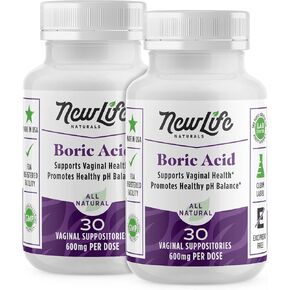 NewLife Naturals Boric Acid Suppositories for Women - 600mg | pH Balance Pills for Female Genital Discomforts | Feminine Care | 2 pack (60 Capsules) | Made in USA