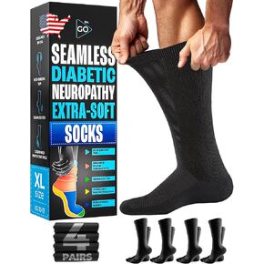 Neuropathy Socks for Men Diabetic Socks Crew Size 9-12,10-13,13-15 4 Pairs Black