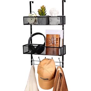 Over The Door Hooks Organizer, Door Hanger Storage Organizer with 5 Hooks and 2 Mesh Baskets, Behind The Door Storage Organizer for Bathroom, Bedroom, Kitchen, Office(Black)
