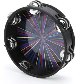 Hand Tambourine, 8 inch Polyester Drum Skin Solid Wood Materials Double Row Percussion Percussion Music Instruments for Kids Adults Church Party(Colorful Rays)