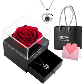 Eternal Flowers Rose Birthday Gifts for Her,Preserved Real Rose with I Love You Necklace,Gifts for Mom Wife Girlfriend on Valentines Mothers Day Anniversary Thanksgiving Christmas