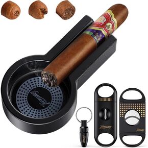 Cigar Ashtray with Cigar Cutter Set, Cigar Cutter Guillotine, Cigar Cutter V Cut, Cigar Punch, Portable Cigar Ashtrays for Outdoors Home and Office, Cigar Accessories for Men