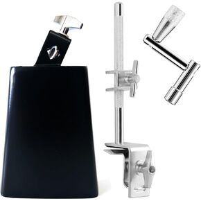 Cowbell Clamp, Cowbell Holder Percussion Accessory, Adjustable Drum Cowbell Mount for Bass Drum Hoop Up or Down with 6 Inch Cowbell，Drum key