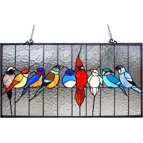 Chloe Lighting Tiffany-Glass Featuring Birds in The Cage Window Panel 24.5x13, Multi Colored