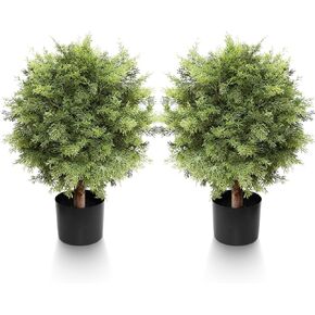 Artificial Cedar Topiary Ball Tree 2 Pack, 24inch Outdoors Artificial Shrubs Bushes Potted, Fake Plants Faux Pine Trees for Indoor Outdoor Front Porch Garden Decor