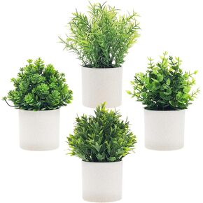 4 Pack Artificial Plant Potted Fake Eucalyptus Rosemary Ferns Flocked Greenery Flower Home Decor Bonsai DIY Office Shelf Table Porch Indoor