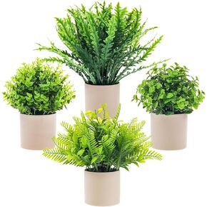 4 Pack Artificial Plant Potted Fake Eucalyptus Rosemary Ferns Flocked Greenery Flower Home Decor Bonsai DIY Office Shelf Table Porch Indoor