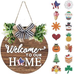 Interchangeable Seasonal Welcome Sign Front Door Decoration, Rustic Round Wood Wreaths Wall Hanging Outdoor, Farmhouse, Porch, for Spring Summer Fall All Seasons Holiday