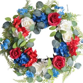 18 Inch patriotic wreaths for front door,4th of july wreaths for front door, Roses Eucalyptus and Hydrangea Flowers for front door wreath, patriotic summer flag wreath