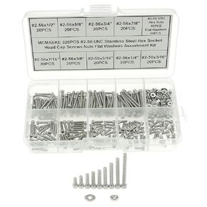 320PCS #2-56 UNC Stainless Steel Socket Knurled Head Cap Screws Hex Nuts Flat Washers Assortment Kit
