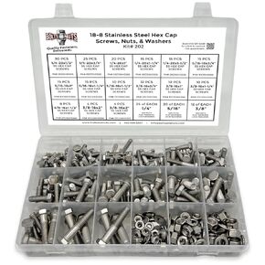 18-8 (304) Stainless Steel Hex Cap Screws Bolts Nuts Washers Assortment Kit - 380 Pcs!