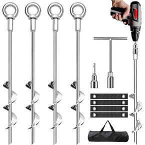 Ground Anchors Screw in, 4 Pack Swing Set Anchors Heavy Duty Tent Stakes Trampoline Anchors, 15" Spiral High Winds Earth Anchors with Straps for Sheds, Swingset, Tent, RV