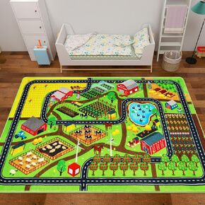 Kids Rug Car Rug for Toy Cars, 39.4"×59" Farm Life Road Traffic for Playroom Kid Car Road Rug Village Map Play Mat Non-Slip Washable Play Rug for Toddler Boy Family Tummy Time Playtime Green