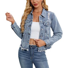 Kedera Womens Denim Jacket Distressed Frayed Ripped Jean Jacket Casual Button Down Light Jackets with Pockets