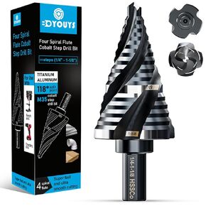Four Spiral Flute M35 Step Drill Bit Set 1/4" - 1-1/8"(15 Sizes), 3/8" Shank for Metal Step Drill bit, Impact Resistant Cobalt Step Drill Bit, for Stainless Steel, Wood, Aluminum, Plastic