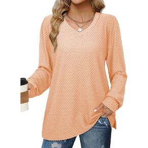 Bulotus Women's Long Sleeve Side Split Tunic Tops V Neck Loose Fit Tops Trendy Long Sweatshirts