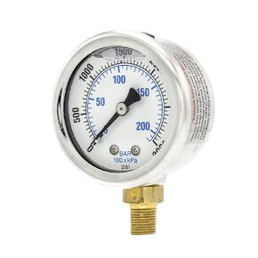 Liquid Filled Lower Mount Pressure Gauge with 2" Dial, 0-3000 PSI, 1/8" Male NPT Connection, Stainless Steel CASE and Bezel (1)