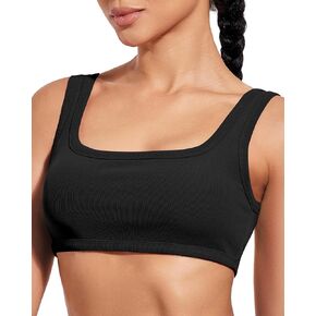 XUNYU Sports Bras for Women U Back Workout Tops with Built in Bra Ribbed Crop Tank Top Square Neck Wireless Yoga Gym Bra
