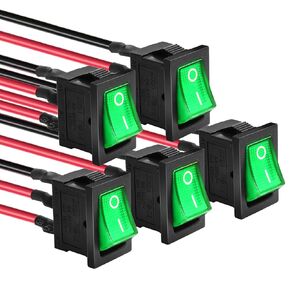 QTEATAK KCD1 SPST Pre-Wired On/Off 3-Pin 2-Position Snap DC 12V-24V 20A Green LED Boat Rocker Toggle Switch - 5Pack (Only for DC12-24V)