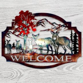 Metal Deer Wall Decor Welcome Forest Deer Mountain Metal Wall Art Rustic Cabin Wall Decor Wildlife Hunting Wall Decor for Lodge Patio, Colorful Metal Deer Wall Art Decoration Outdoor, 13 X 13 Inch